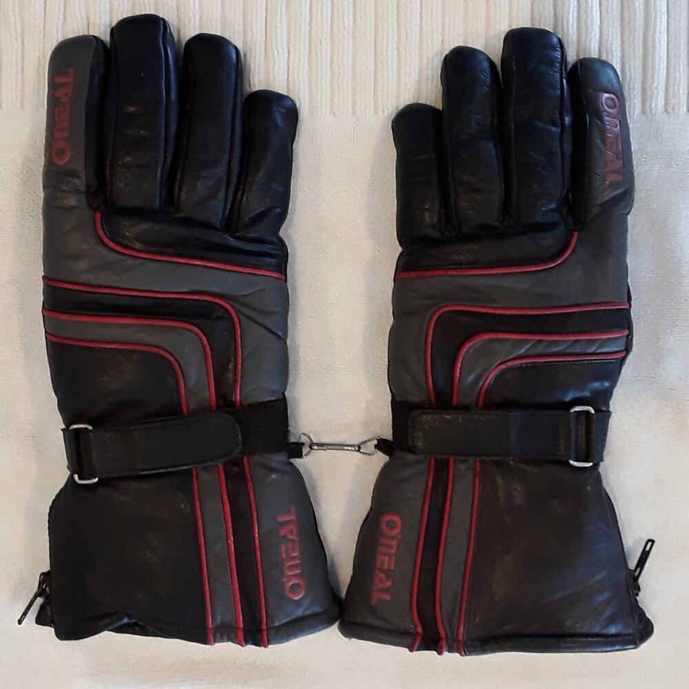 Insulated Leather Zip Gauntlet Black/Gray Motorcycle Riding Gloves w/red trim